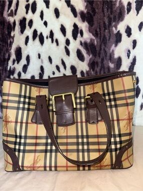 Burberry Beige Plaid Tote with Brown Leather Trim
